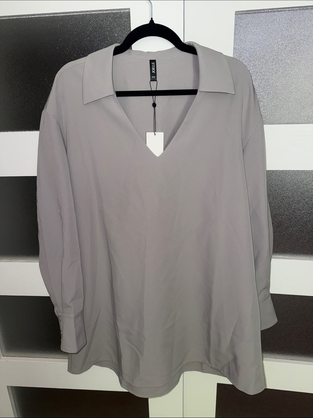 Joelle Collection “Camellia Grey” V-Neck Collared Tunic Top in Light Gray
